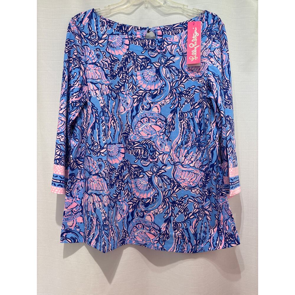 LILLY PULITZER NWT Waverly Top 3/4 Sleeve Lapis Lazuli Horseshoe Bay L